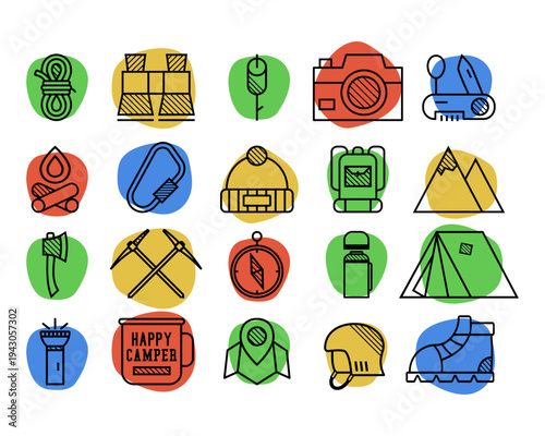 Colorful minimal vector illustration set of essential camping and outdoor adventure equipment icons. Stock vector