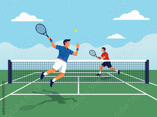 tennis match in progress illustration court player summer sport