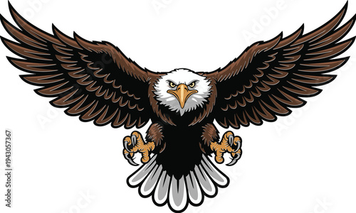 Bald eagle mascot vector illustration, powerful American eagle with spread wings, fierce wildlife bird emblem isolated on white