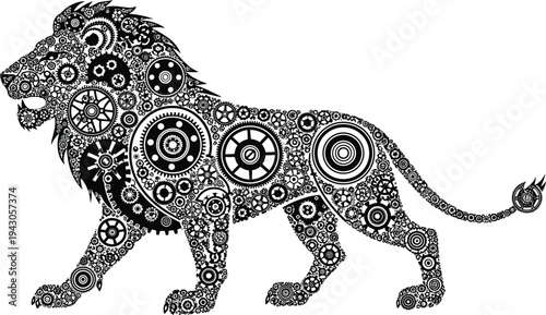 Intricate black lion silhouette filled with complex mechanical gears and clockwork wheels for industrial steampunk engineering concept design.Intricate black lion silhouette filled with complex mechan