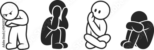 Sad depressed people silhouettes vector illustration, emotional stress and mental health concept characters, anxiety loneliness icons isolated