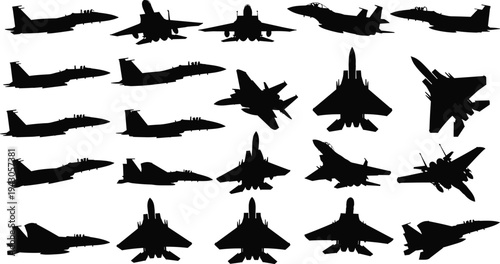 Modern military fighter jet silhouettes collection with multiple aircraft angles isolated on white background aviation defense vector illustration set