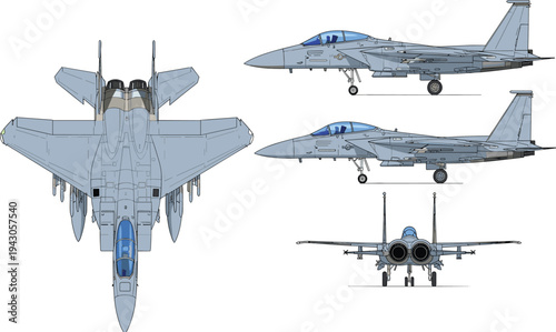 Modern fighter jet military aircraft detailed vector illustration with top, side and front views isolated on white background aviation design