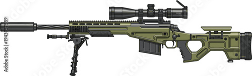 Modern tactical sniper rifle with scope, suppressor and bipod detailed vector illustration isolated on white background for military weapon design
