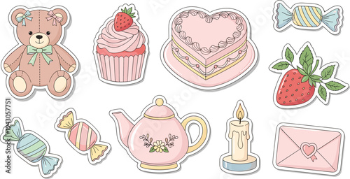 Whimsical cute cartoon sweets and treats in pastel colors on white background for kids party decoration