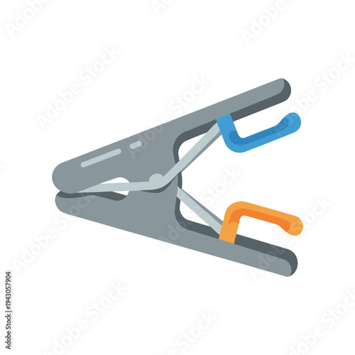 Clothespin with blue and orange handles, gray, isolated on white background