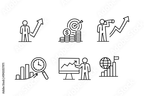 Illustrations depicting key concepts in business growth and financial strategy