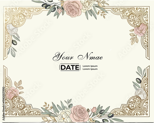 Beautiful wedding invitation card template with floral border romantic marriage celebration design