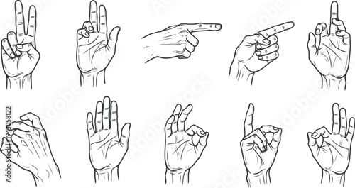 Hand gesture signs icon set simple line hand symbols minimal outline design
