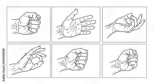 Minimal hand gesture icon set with various hand signs outline vector illustration