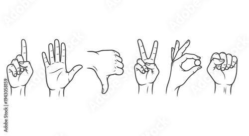 Minimal hand gesture icon set with various hand signs outline vector illustration