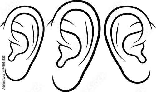 Human ear anatomy illustration set, hearing organ line art vector, medical auditory symbol black white outline design