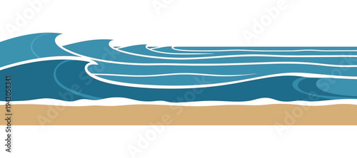 Calming ocean wave on sandy beach in serene peaceful mood with blue soothing colors in digital illustration format for web design