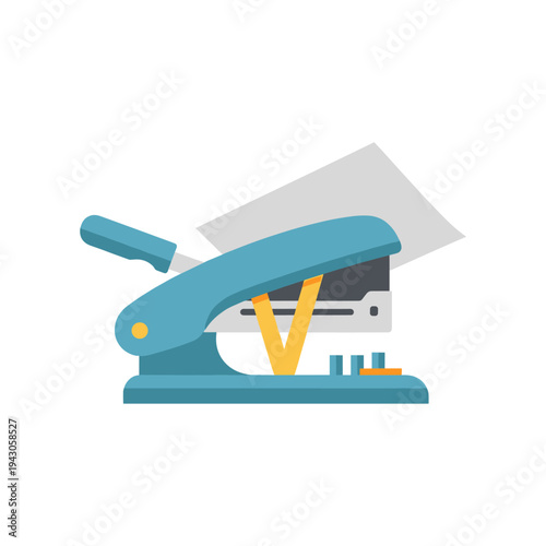 Blue stapler with yellow staple binding papers office