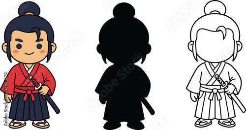 Cute Chibi Samurai Character Vector Illustration with Silhouette and Line Art Version