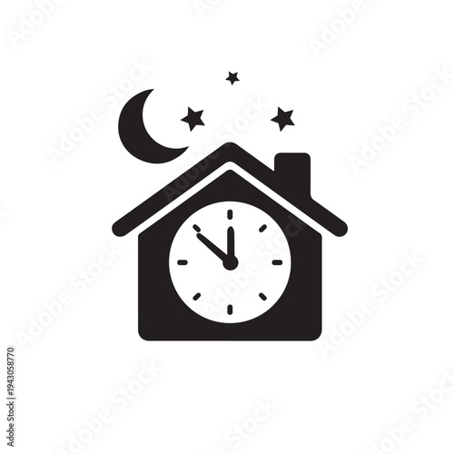 Home Night Time Icon with House Clock Moon and Star for Evening Routine
