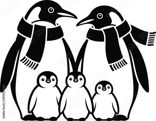 Penguin family silhouette vector illustration, cute antarctic birds with scarves and chicks, winter wildlife cartoon isolated on white
