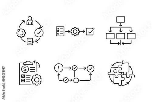 Six distinct workflow and process management visual diagrams