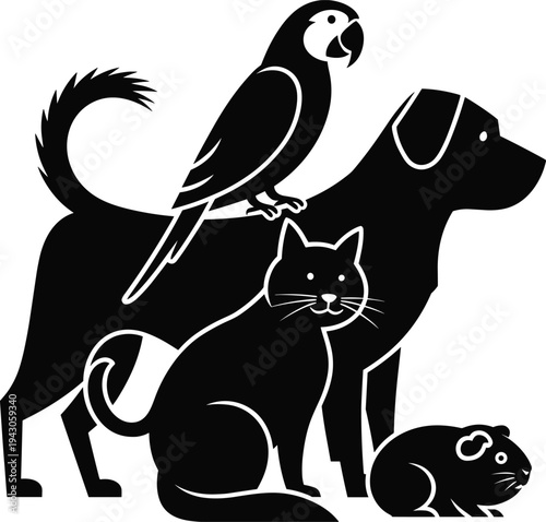 Pet animals silhouette collection vector illustration, dog cat parrot and guinea pig icons, domestic pets set isolated on white