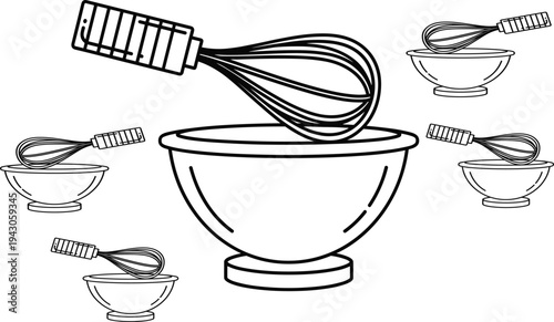 Kitchen whisk and mixing bowl illustration, cooking utensil line art vector, baking tool equipment black white outline design