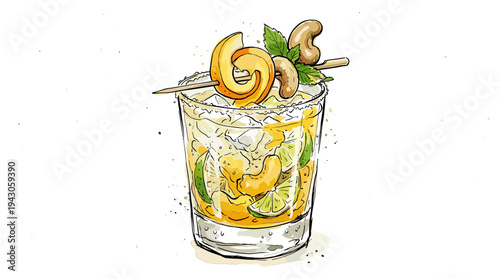 Cashew fruit caipirinha cocktail with mint and lime garnish