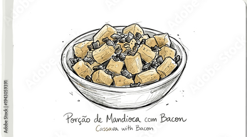 Hand-drawn Cassava with Bacon in a Bowl, Sketchy Style