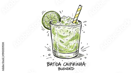 Hand-drawn caipirinha cocktail with lime slice and straw