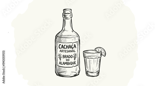 Hand-drawn Cachaça bottle and shot glass with lime slice