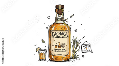Hand-drawn bottle of artisanal cachaça with sugar cane and lime