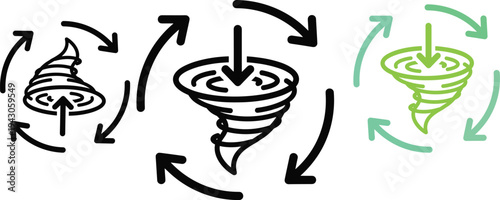 Tornado swirl arrows icon set vector illustration, cyclone rotation symbol line art, disaster weather vortex concept design