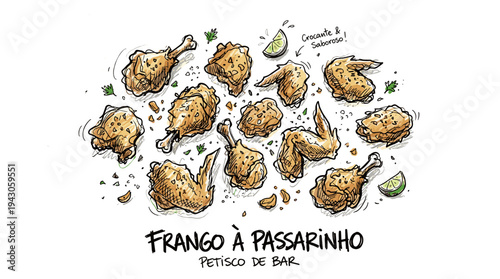 Loose sketch of fried chicken pieces and lime wedges, 'Frango a Passarinho'