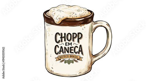 Hand-drawn beer mug with foam and "Chop em Caneca" text