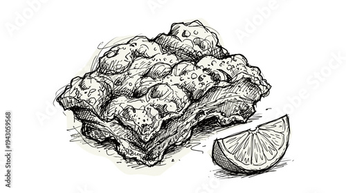 Sketch of pork crackling with a slice of lime