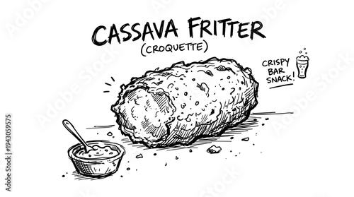 Hand-drawn cassava fritter croquette with dipping sauce and beer