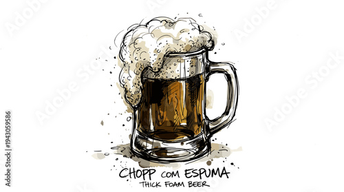 Hand-drawn beer mug overflowing with thick foam