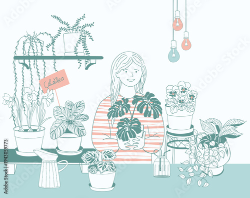Woman caring for houseplants in a cozy indoor garden or flower shop. Scene with potted plants, watering can and leaves. Minimal line illustration about plant care, gardening and botanical lifestyle.