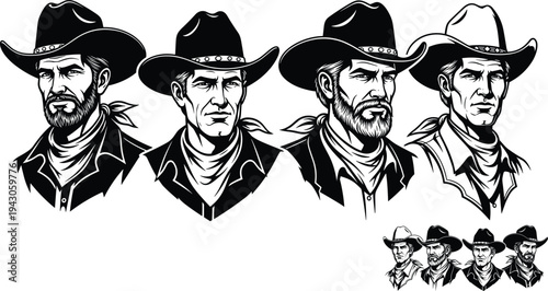 Western cowboy portraits collection, vintage outlaw men wearing hats, rugged rancher characters, black white line art vector illustration western style