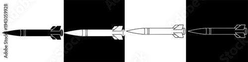 Missile icon set black and white variations of a rocket or projectile.