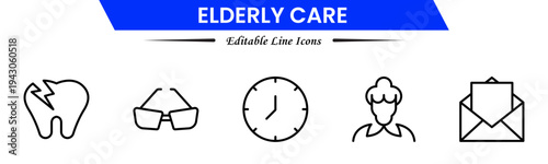 Elderly icon set. elderly care, pension, vision loss, and more. line icon style. old age element vector illustration
