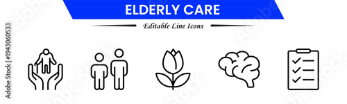 Elderly icon set. elderly care, pension, vision loss, and more. line icon style. old age element vector illustration