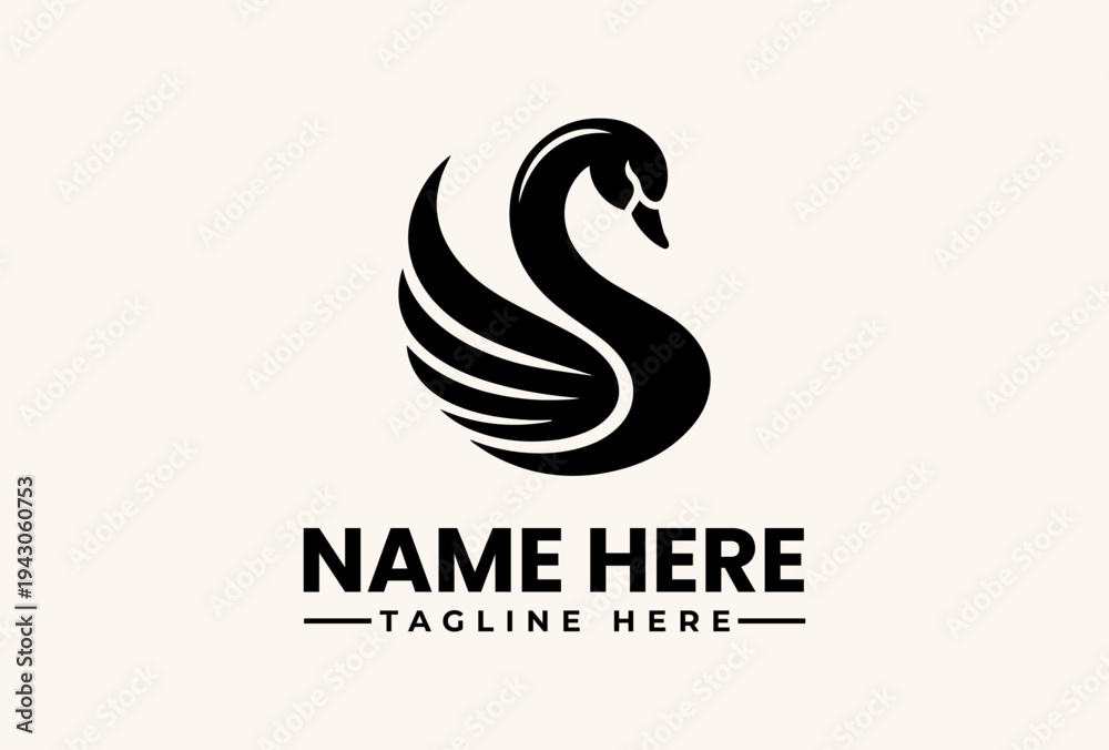 Fototapeta premium A stylized black swan logo with bold text 'NAME HERE' and 'TAGLINE HERE' on a clean white background, featuring a vector illustration design.