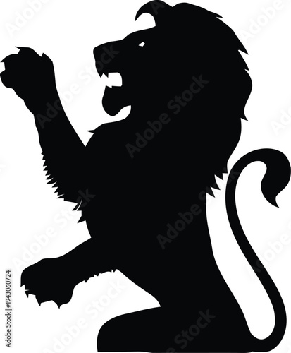 A black silhouette of a lion with its mouth open and paw raised