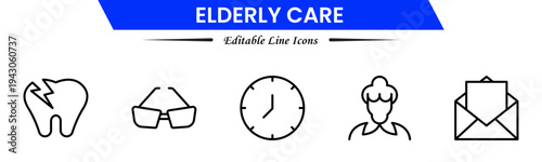 Elderly icon set. elderly care, pension, vision loss, and more. line icon style. old age element vector illustration