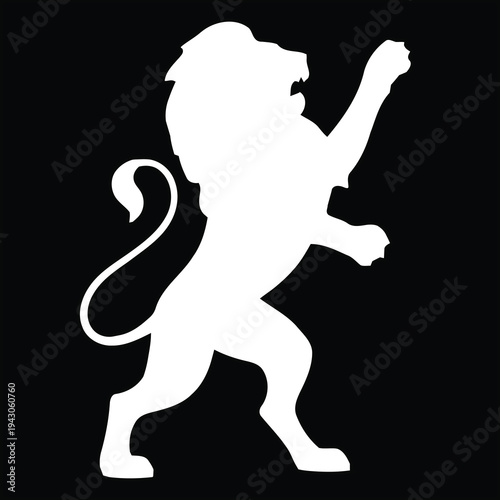 A white silhouette of a lion standing on its hind legs with a raised paw
