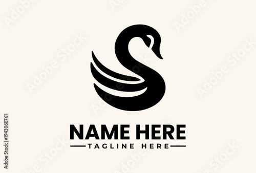 A minimalist logo design featuring a stylized swan icon with placeholder text for a company name and tagline on a clean white background.