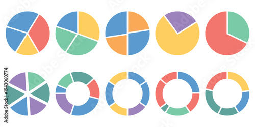 Circle division infographic chart collection, round pie and donut graphs with segmented wheel fractions percentage slices and circular data sections for business analytics reports dashboards and prese