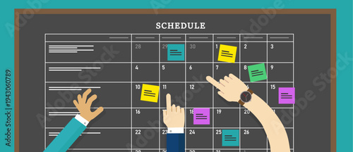 Business team collaboration on calendar schedule board for project plan concept vector illustration