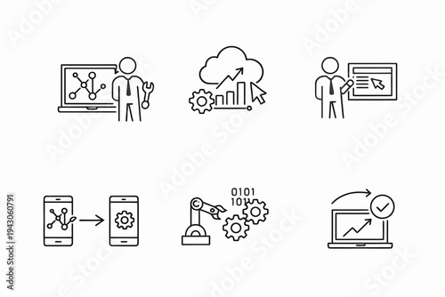 Illustration of various stages and aspects of software development and automation