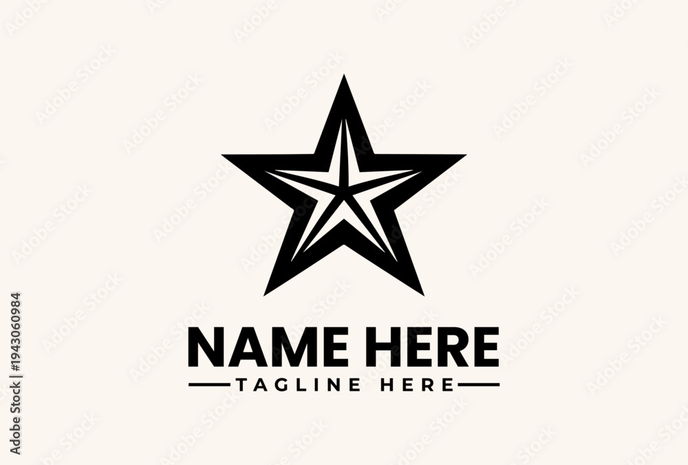 Fototapeta premium Black star logo vector illustration with placeholder text on a beige background for branding or design purposes.