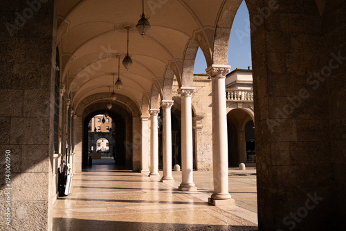 Traditional Italian architecture in Bergamo old town with medieval buildings and detailed facades in Lombardy Italy.